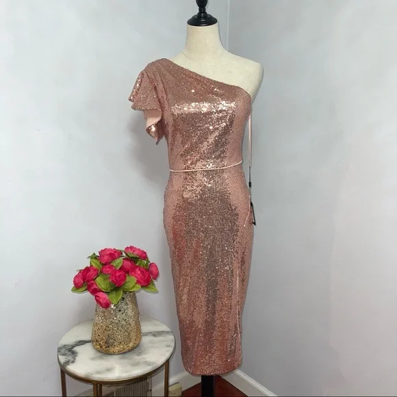 # Mac Duggal Rose Gold Sequins One Shoulder Ruffle Mini Dress / Gown New W/ Tag - Picture 5 of 17